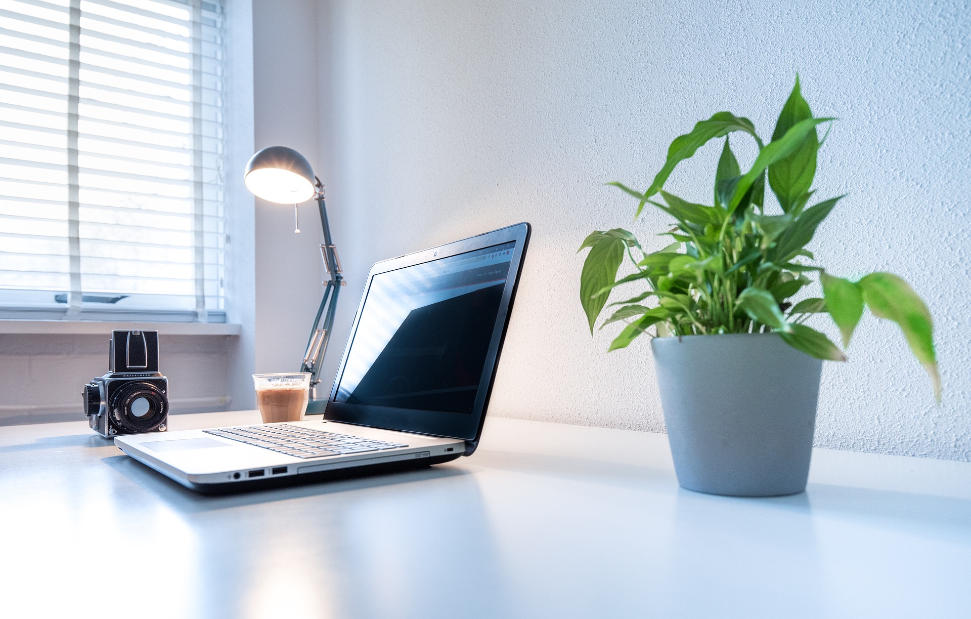 a desk with a laptop and a flower on it